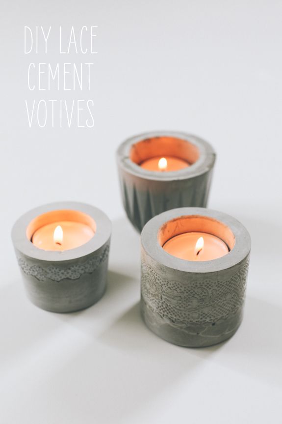 DIY cement votives with lace details.