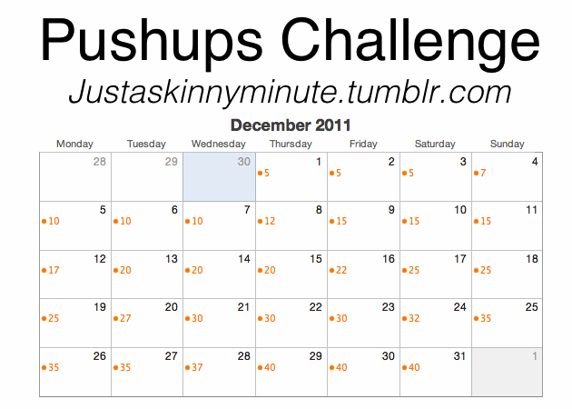 December push up challenge. Lets goo! 5, 5, 5, 7, 10, 10, 10, 12, 15, 15, 15, 17