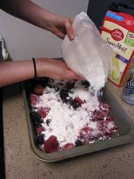 Frozen berries, dry cake mix, and 1 can of sprite. Bake @ 350 for  35 min. Yummy