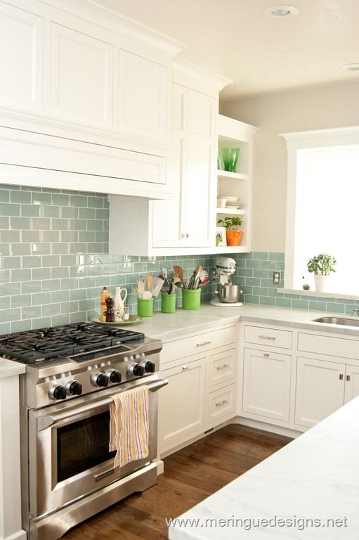 I might LOVE this teal backsplash!  Info: Tile Backsplash: This is a 3вЂќx6вЂќgl