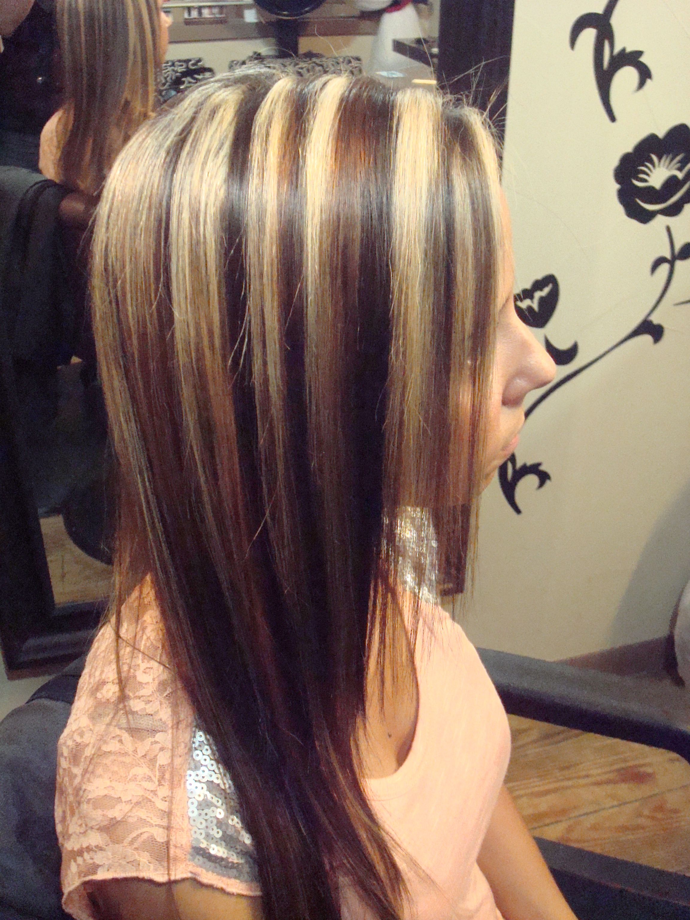 Image Detail for – Chunky blond highlights with dark and caramel low lights. Thi