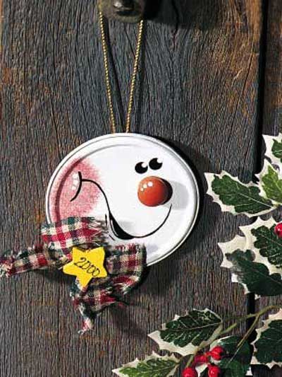 JAR or CAN LID SNOWMAN ORNAMENT… paint a snowman on it or you could use old Ch
