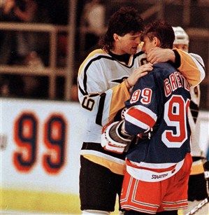 "Jagr talks with Gretzky after Jagr scored the overtime goal to beat the Ra