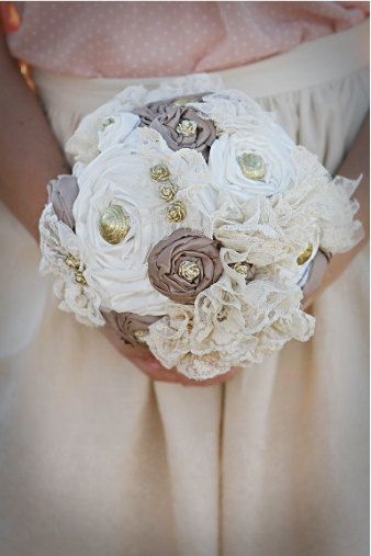 Neutral fabric flower bouquet. All handmade gold embellishments.