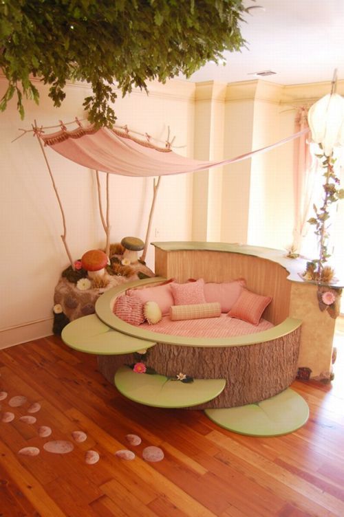 Outdoor tree themed bedroom for kids.  Bed is convertible to "crib" wi