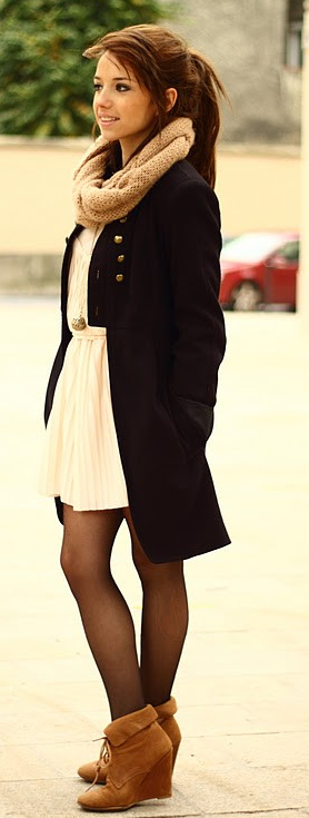 Peacoat, sheer tights, loop scarf, and booties. Such a cute winter outfit!