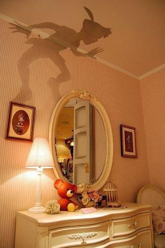 Peter Pan outline, cut out and put on top of lamp shade.   Too. Cool.