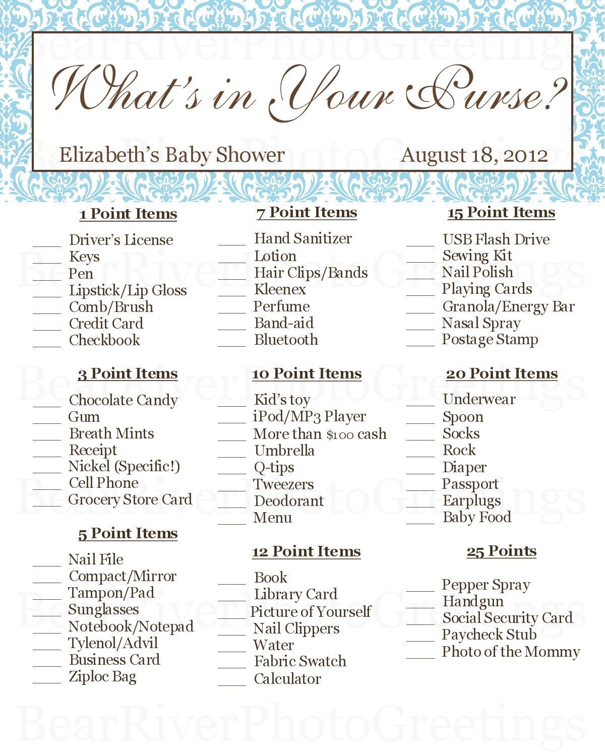 Printable Baby Shower Game — What's In Your Purse — Blues & Browns. $8