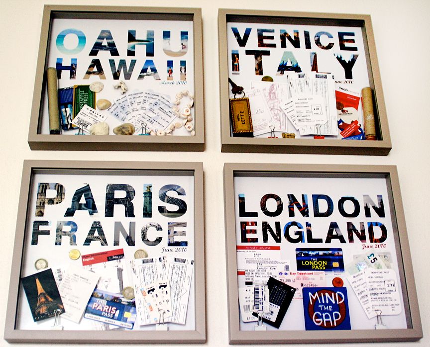 Save maps, tickets, and pictures from travel memories to create wall art.