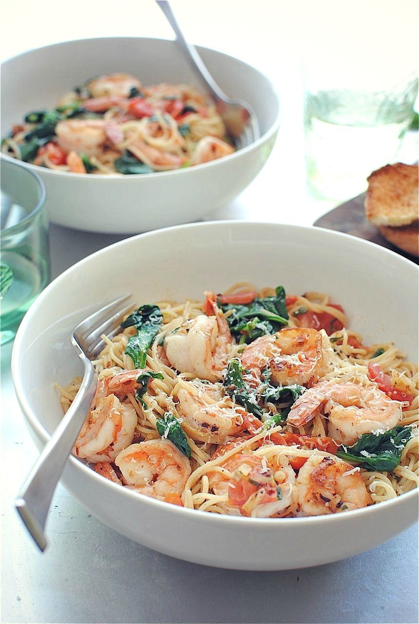 Shrimp Pasta with Tomatoes, Lemon and Spinach. Use whole wheat pasta