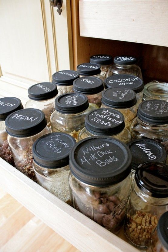 Take a mason jar and spray the lid with chalkboard paint. Love