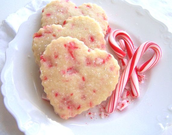 Wonderfully pretty candy studded, heart shaped Peppermint Shortbread Cookies. #s