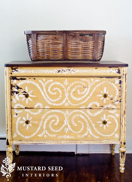 Yellow painted wood antique dresser – distressed and stenciled – refinished furn