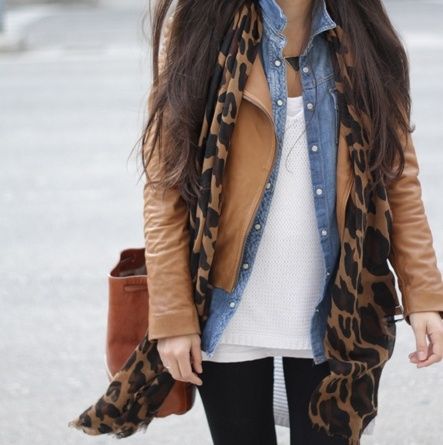 black pants, denim shirt, leather jacket, layers, leopard print scarf, casual ou