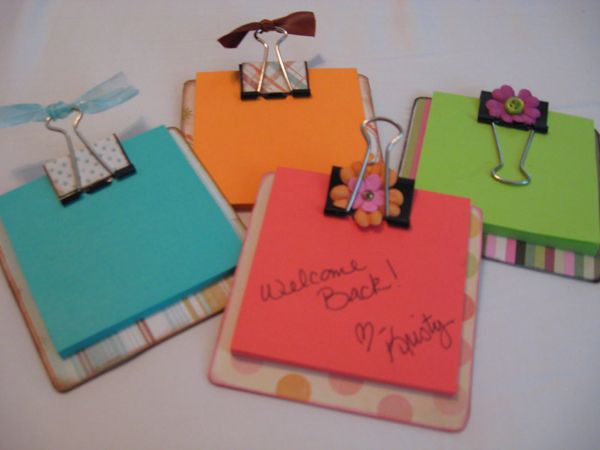 sticky note holders – make using coaster, binder clips & scrapbook paper &am