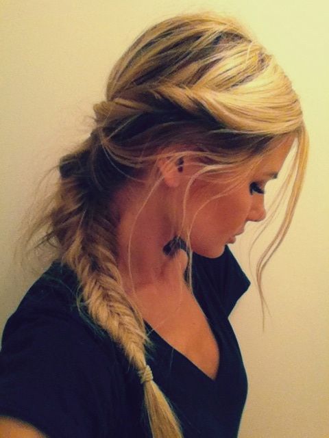 {twist sides, bobby pin. pull hair in a pony, take out bobby pins. fishtail pony