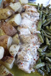 Green beans, chicken breast, potatoes, butter, italian seasoning. Bake 350 degre