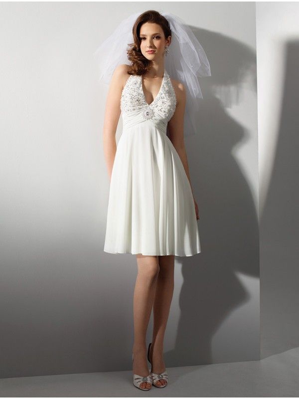 Halter Strapped Short Wedding Dress With V Neckline