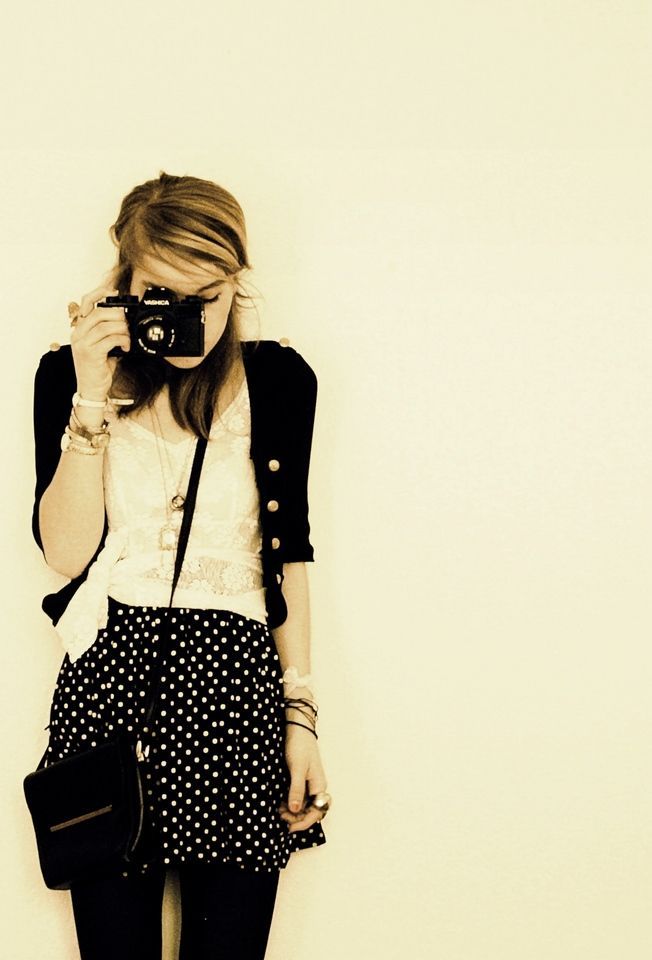 Lacy top, polka dotted skirt, cardigan and camera. My perfect outfit.