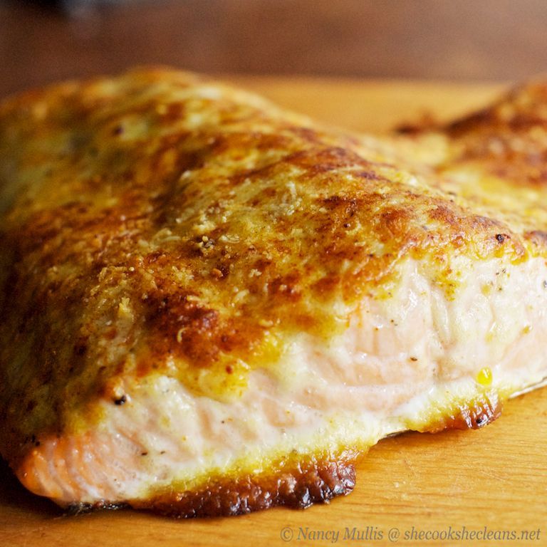 Oven Roasted Salmon with Parmesan-Mayo Crust. Crispy on the outside and moist on