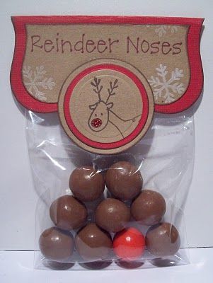 Reindeer noses.  8 Brown (Whoppers) and 1 Red (Bubble gum).  Such a cute idea!