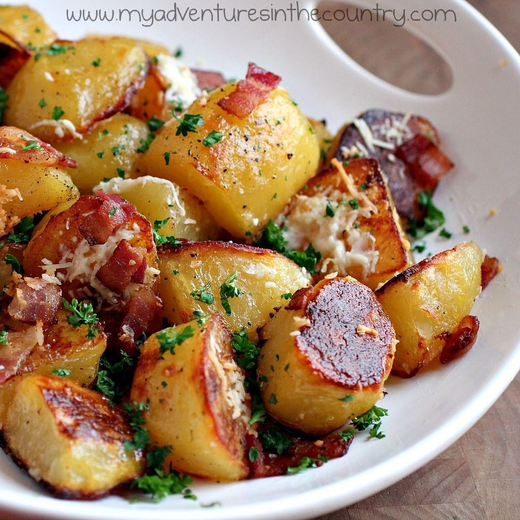 This looks delish….oven roasted potatoes with bacon, parmesan, and garlic….