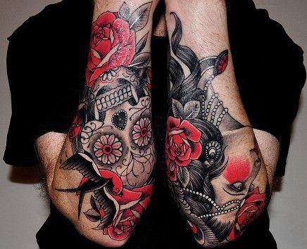 sleeves #tattoos #sleeve #arm #arms #tattooed #skull #gypsy #black #red #rose #r