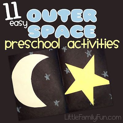 11 fun and easy preschool activity ideas with a "Space" theme.