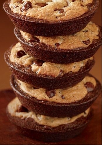 1 scoop of brownie batter + 1 scoop of cookie dough in a muffin pan