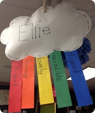 Acrostic poem in rainbow form- cute! Would be nice to have hanging for Open Hous