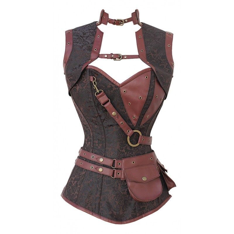 CD-999 – Brown Brocade Pattern Steampunk Corset with Faux Leather Brown Removabl