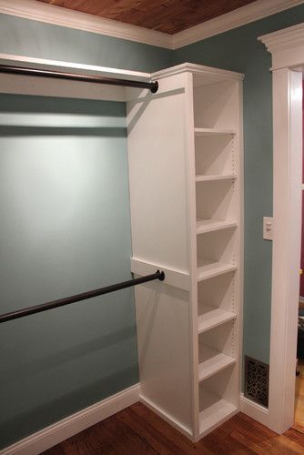 Easy "Custom" Closet idea…add a few Ikea shelves and shower curtain
