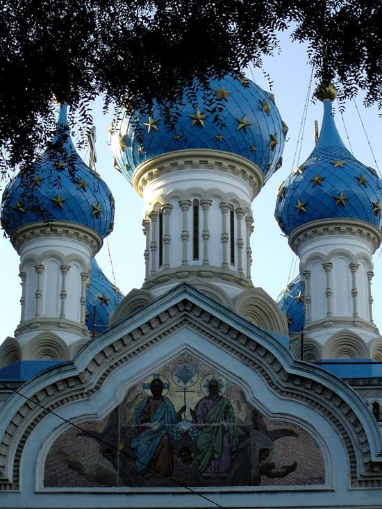 Five towering sky-blue cupolas adorn the first Russian Orthodox Church built in