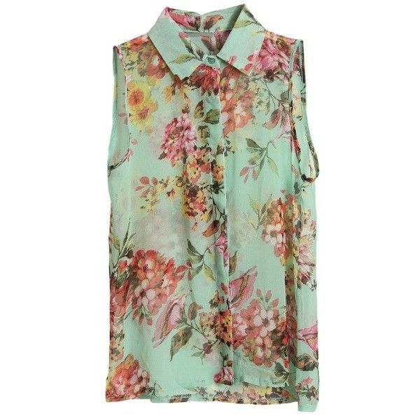 Flower Printed Green Chiffon Blouse ❤ liked on Polyvore