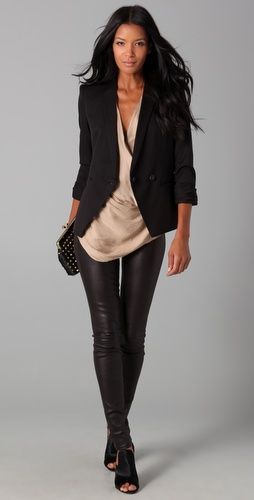Leather leggings, black blazer.