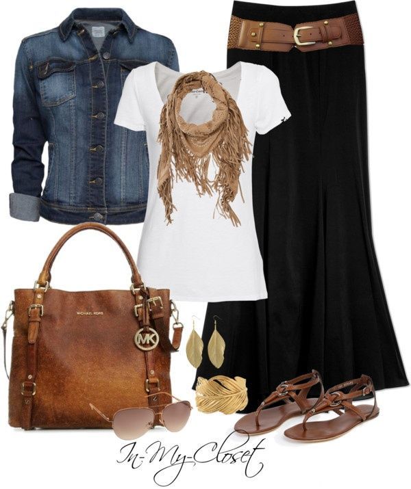Long black skirt, denim jacket, brown sandals and purse and belt, gold and brown