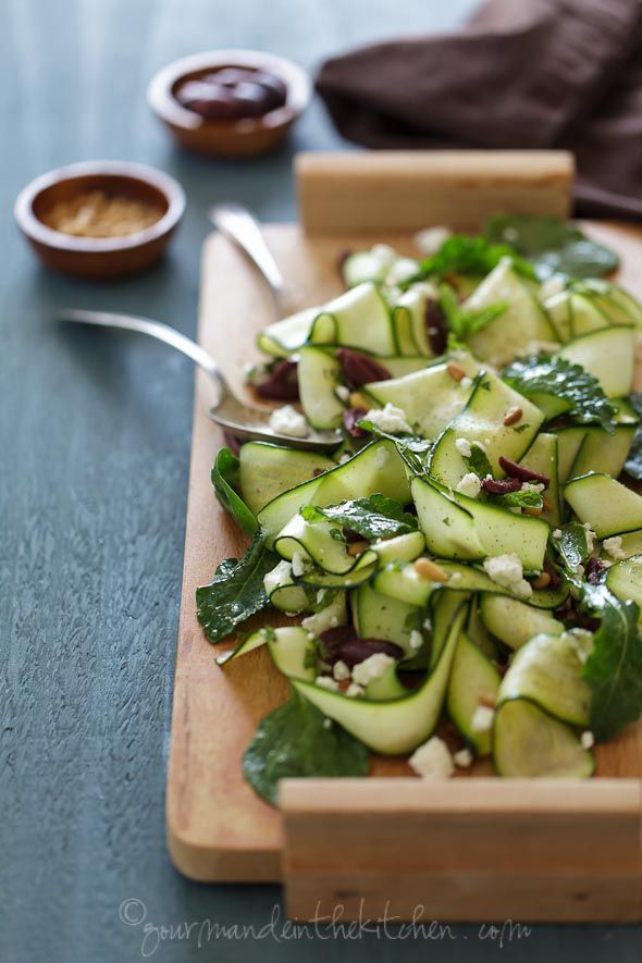 Raw Zucchini Ribbon Salad with Olives and Mint.