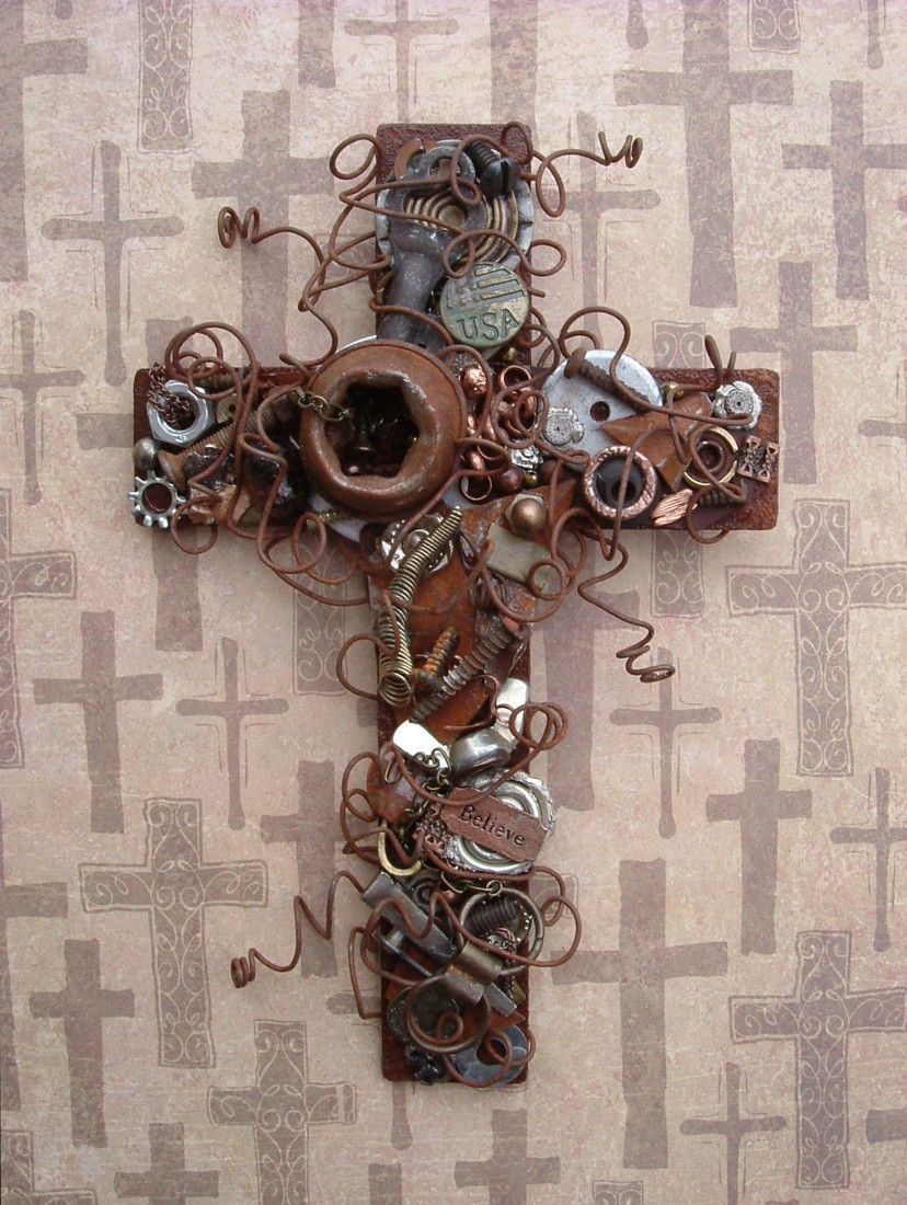 Rustic Wall Cross Wire Wrapped with Rusty Nuts and Bolts For Your Wall.