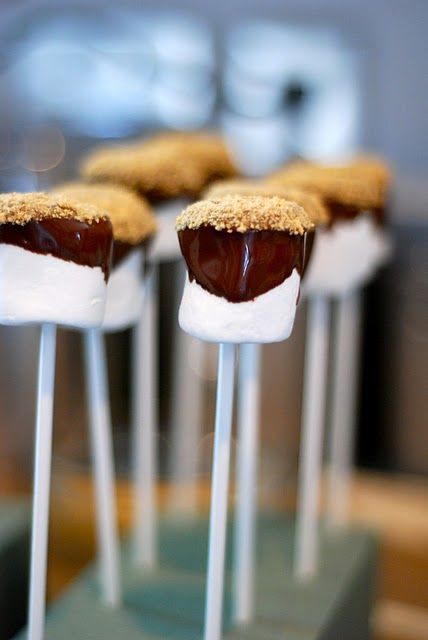 S'mores pops! Marshmallow on stick, dipped in chocolate and graham cracker c