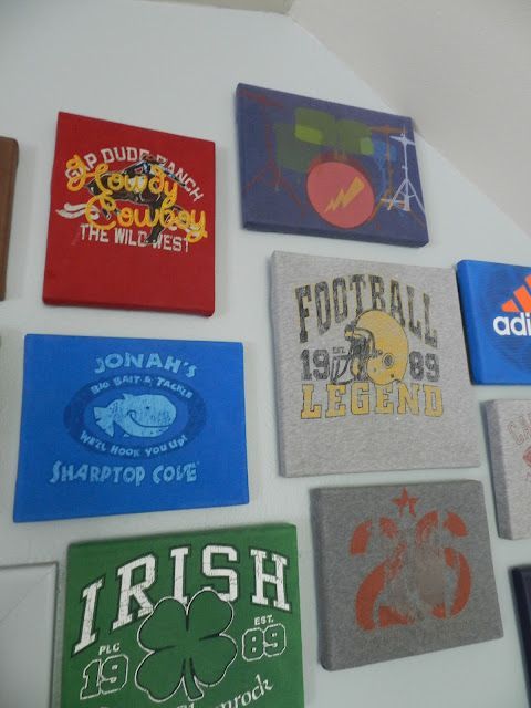 Staple old shirts to a canvas! Would be neat for a game room or a guys room… B