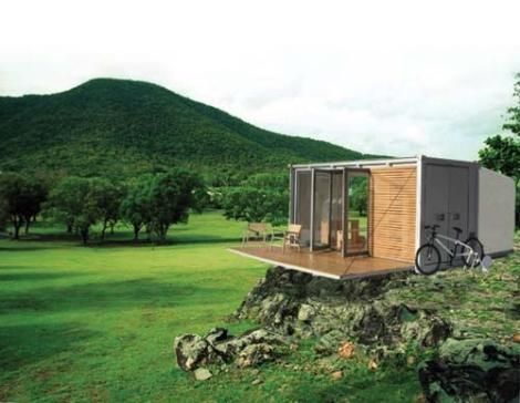 The All Terrain Cabin (ATC) By BARK.  Small scaled prefab shipping container gre