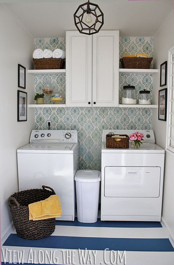 Updated Laundry Room on a budget at View Along the Way, washer and dryer, stenci