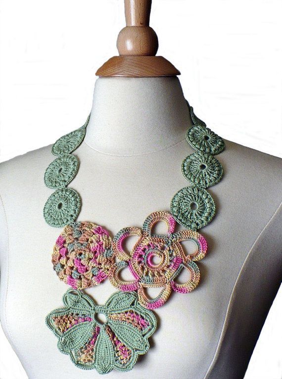 Crochet Necklace Irish Lace Statement Necklace Pink Sage Ecru Pale Yellow