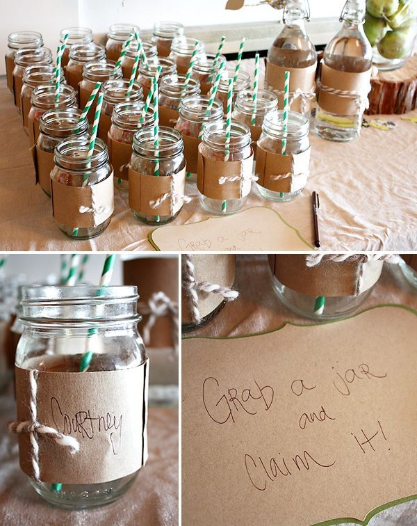 Cut strips of brown paper grocery bags. Wrap around mason jars and add a little