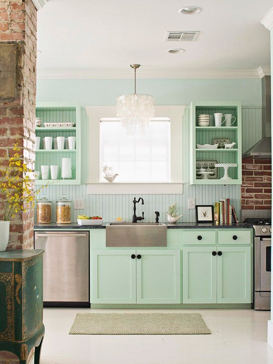 Green vintage kitchen design with green shaker kitchen cabinets, stainless steel