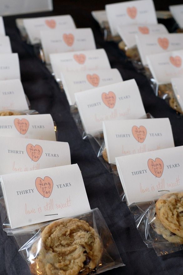 Love is still sweet! Chocolate chip cookie favors at a 30th anniversary party