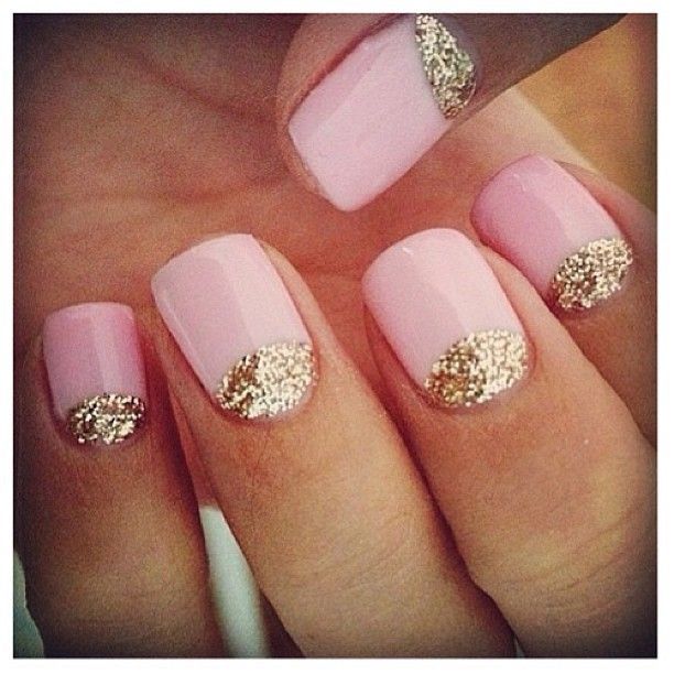 Our favorite nail art – Pink and gold glitter reverse french manicure pairs nice