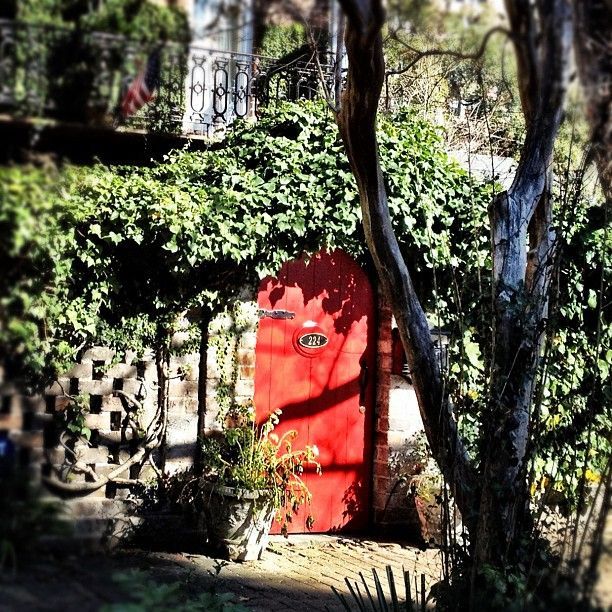 Red garden door | Savannah, GA