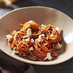 Spaghetti with Roasted Red Peppers, Walnuts and Goat Cheese