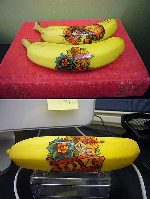 Temporary tattoo on a banana. What kid wouldn't love finding a Spiderman or